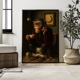 Framed artwork of a monkey on the phone with a cup and toilet paper in a modern room.
